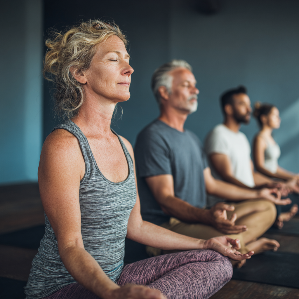 Group of middle-aged adults practicing yoga in peaceful studio environment